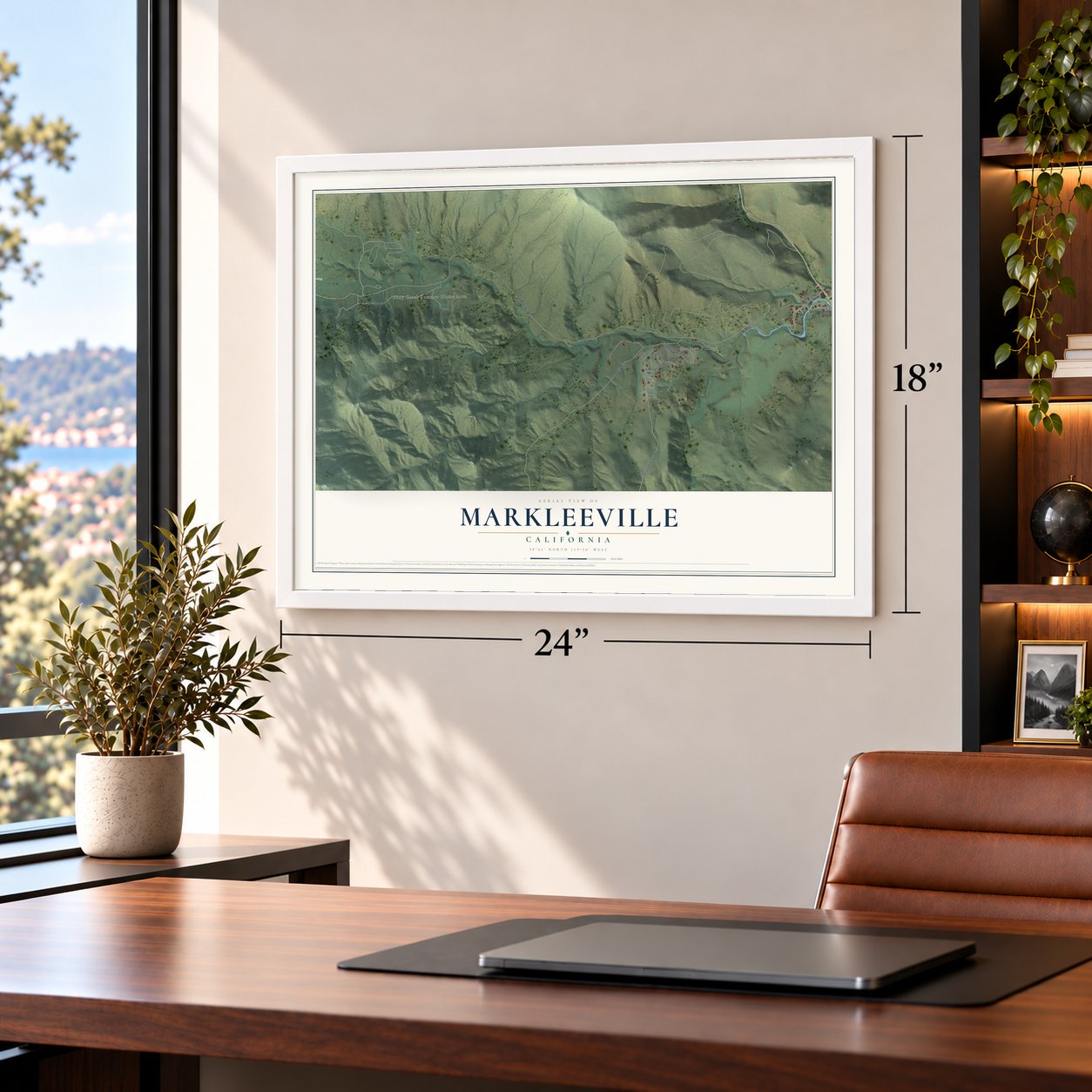 Markleeville, California map, 18 x 24 inch print in a white frame in a home office