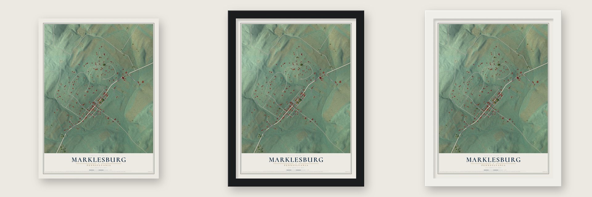 Marklesburg, Pennsylvania map unframed, in a black wood frame and in a white wood frame
