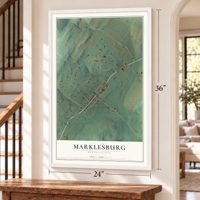 Marklesburg, Pennsylvania map, 24 x 36 inch print in a white frame by a staircase
