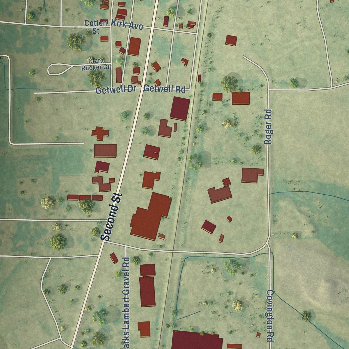 Second close-up of the map of Marks, Mississippi print showing more streets and buildings