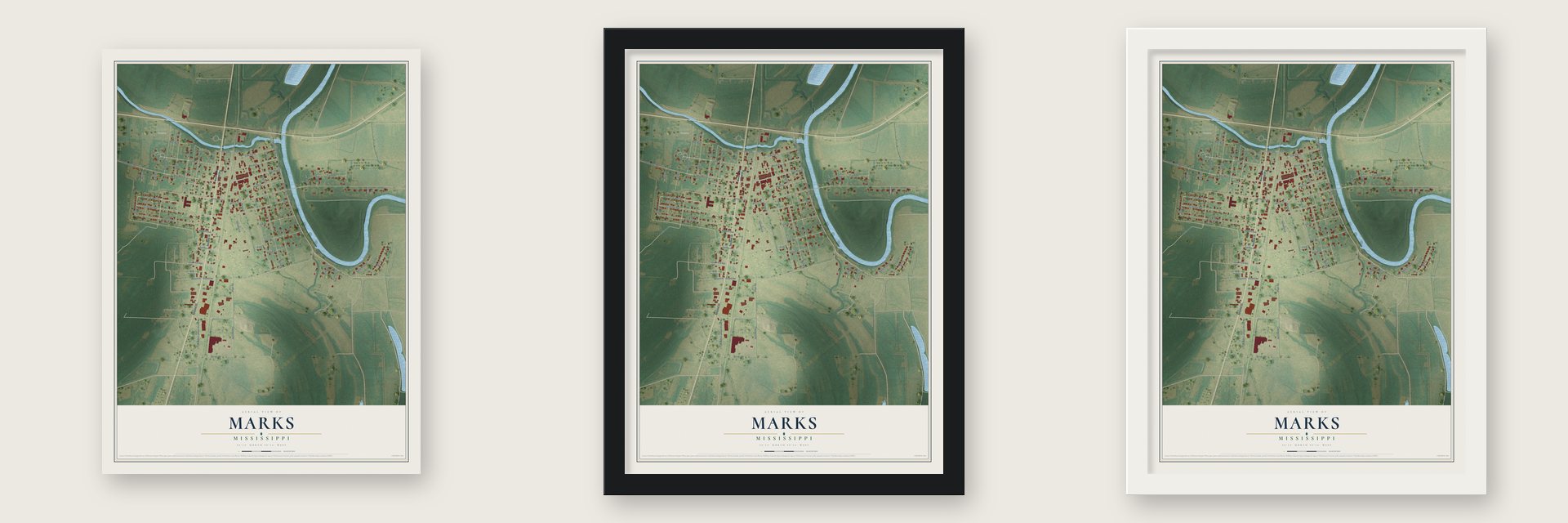 Marks, Mississippi map unframed, in a black wood frame and in a white wood frame
