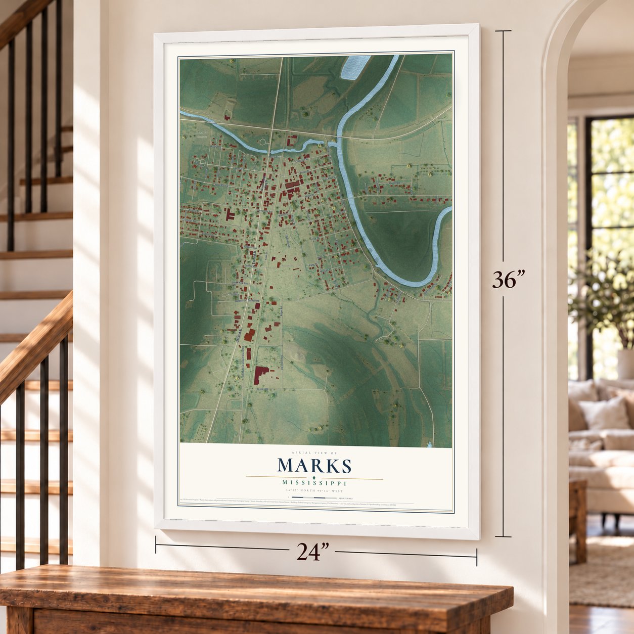 Marks, Mississippi map, 24 x 36 inch print in a white frame by a staircase