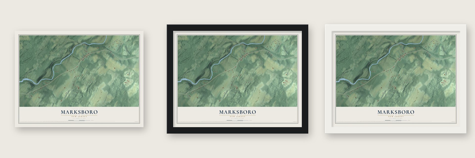 Marksboro, New Jersey map unframed, in a black wood frame and in a white wood frame