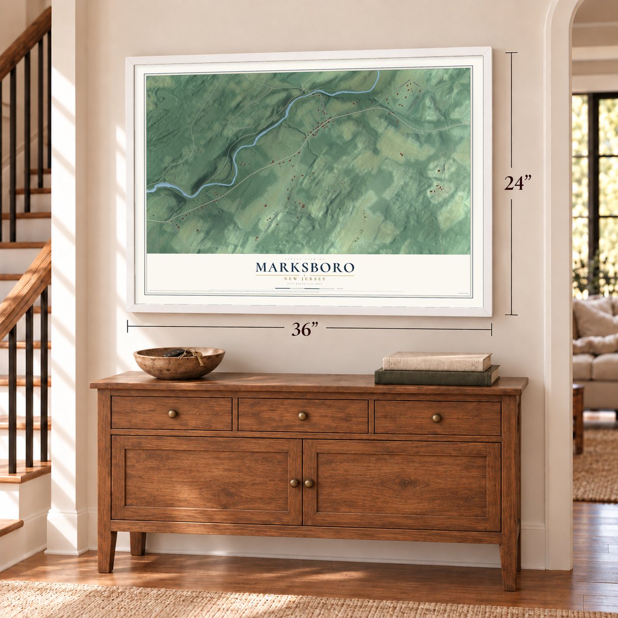 Marksboro, New Jersey map, 24 x 36 inch print in a white frame above a dresser by a staircase