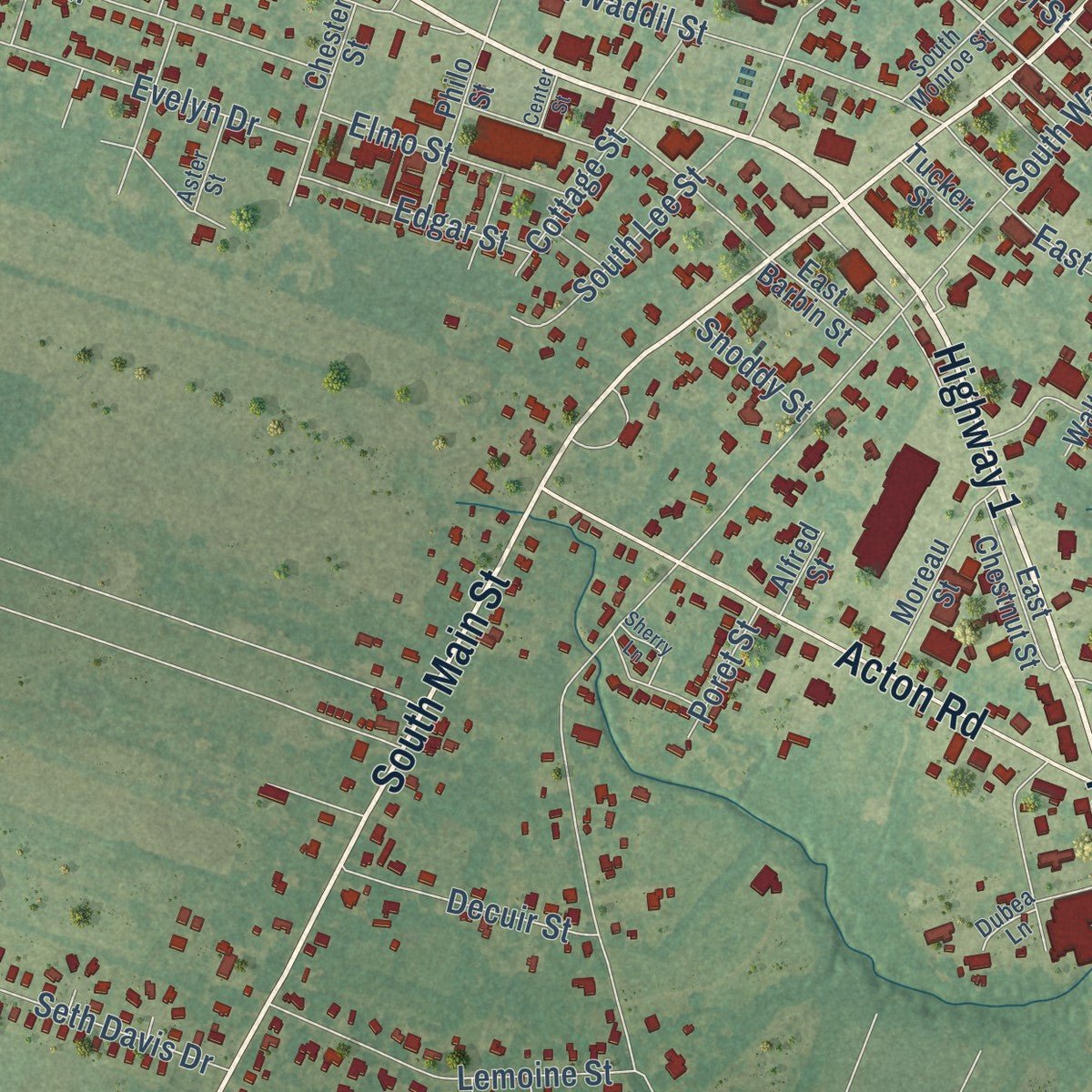Second close-up of the map of Marksville, Louisiana print showing more streets and buildings