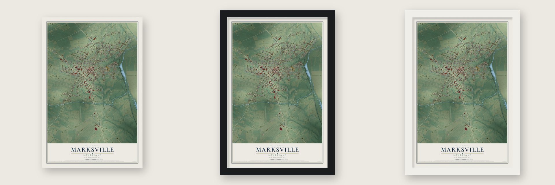 Marksville, Louisiana map unframed, in a black wood frame and in a white wood frame