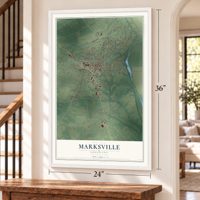 Marksville, Louisiana map, 24 x 36 inch print in a white frame by a staircase