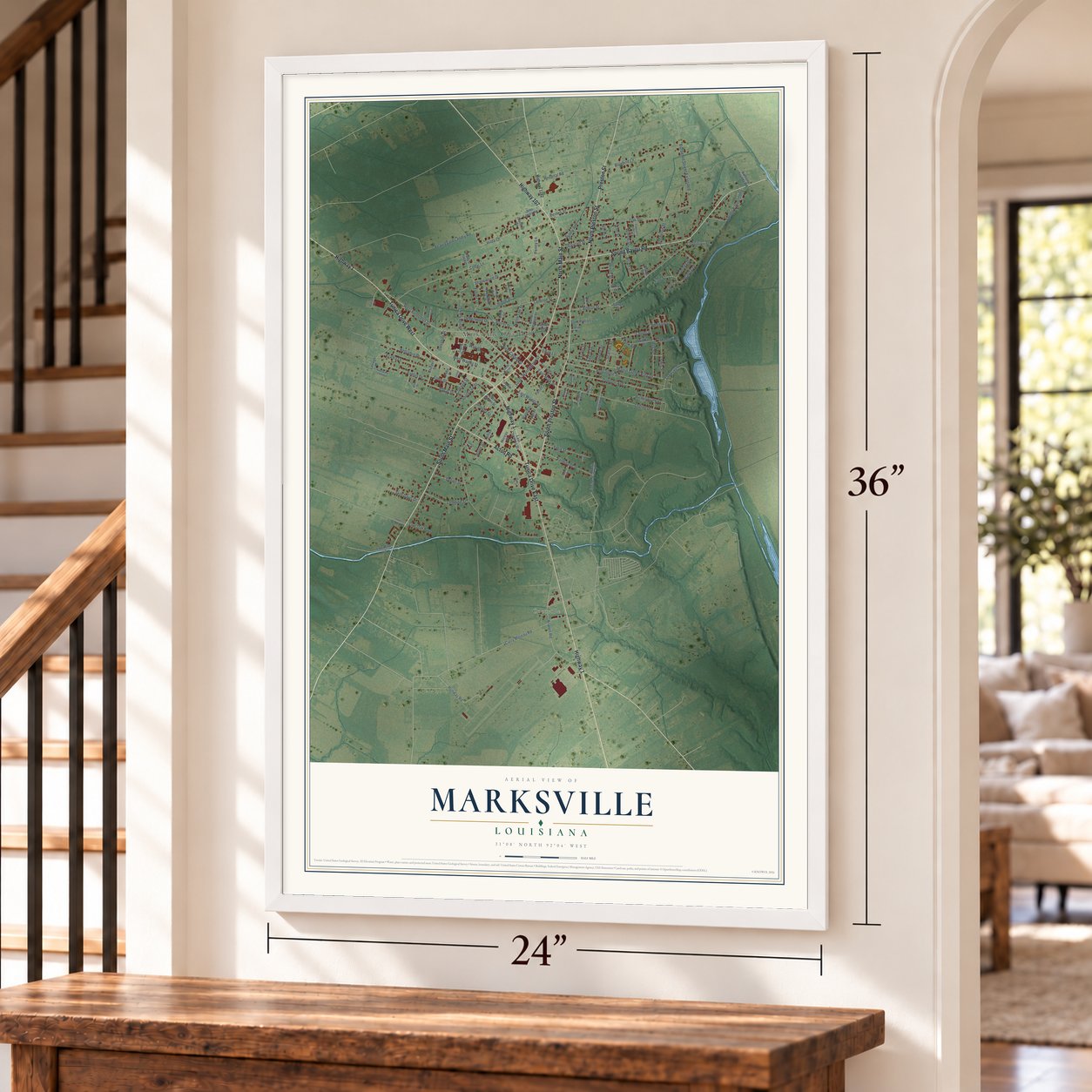 Marksville, Louisiana map, 24 x 36 inch print in a white frame by a staircase