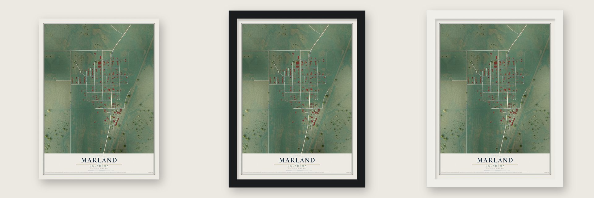 Marland, Oklahoma map unframed, in a black wood frame and in a white wood frame