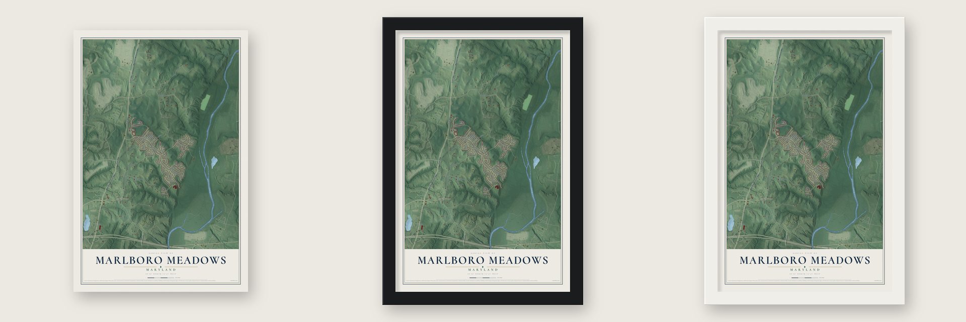 Marlboro Meadows, Maryland map unframed, in a black wood frame and in a white wood frame