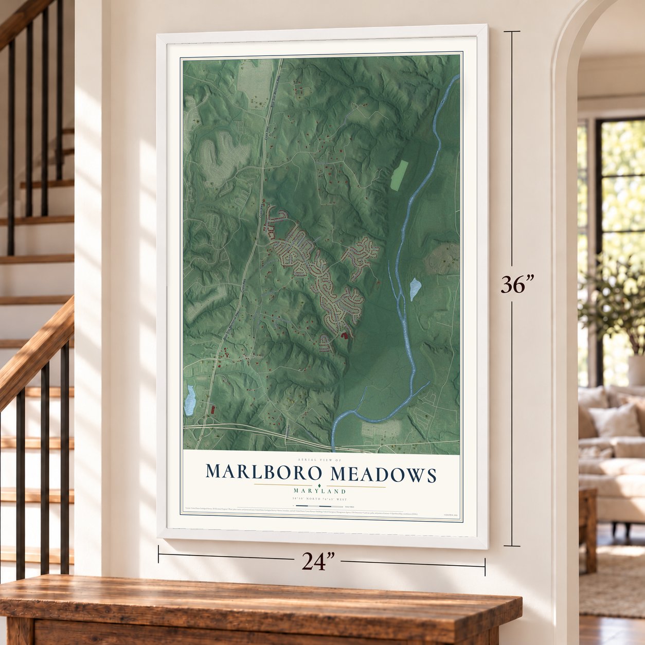Marlboro Meadows, Maryland map, 24 x 36 inch print in a white frame by a staircase
