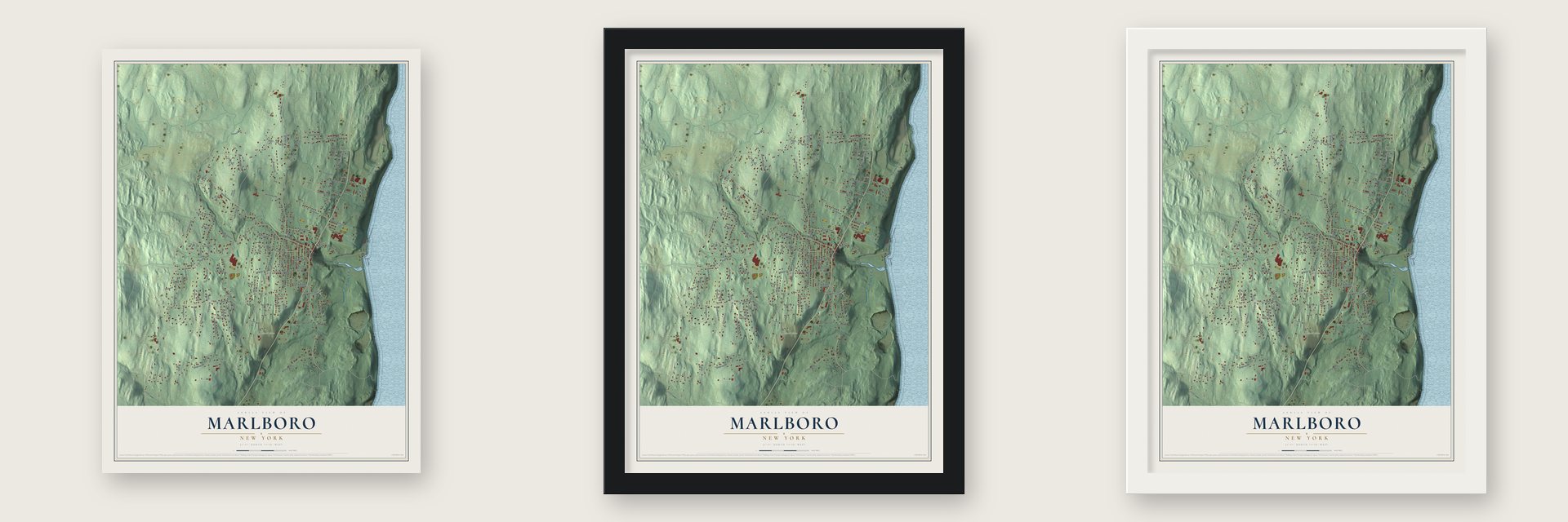 Marlboro, New York map unframed, in a black wood frame and in a white wood frame