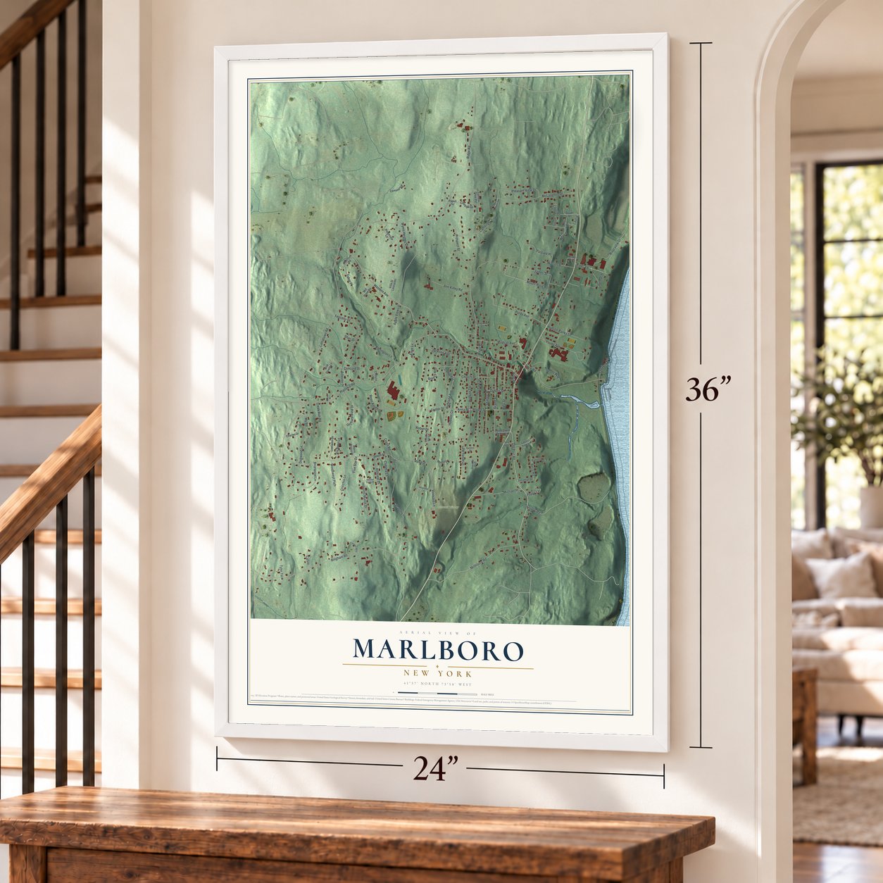 Marlboro, New York map, 24 x 36 inch print in a white frame by a staircase