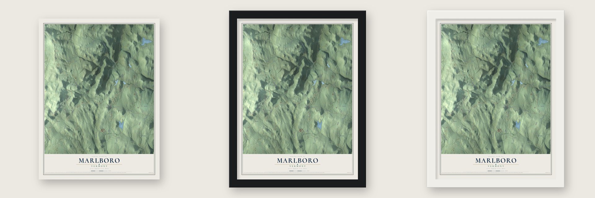 Marlboro, Vermont map unframed, in a black wood frame and in a white wood frame