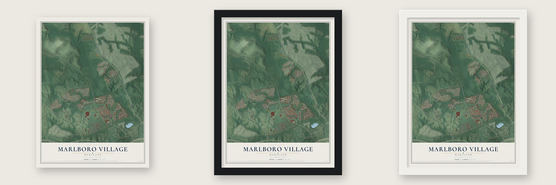 Marlboro Village, Maryland map unframed, in a black wood frame and in a white wood frame