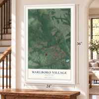 Marlboro Village, Maryland map, 24 x 36 inch print in a white frame by a staircase