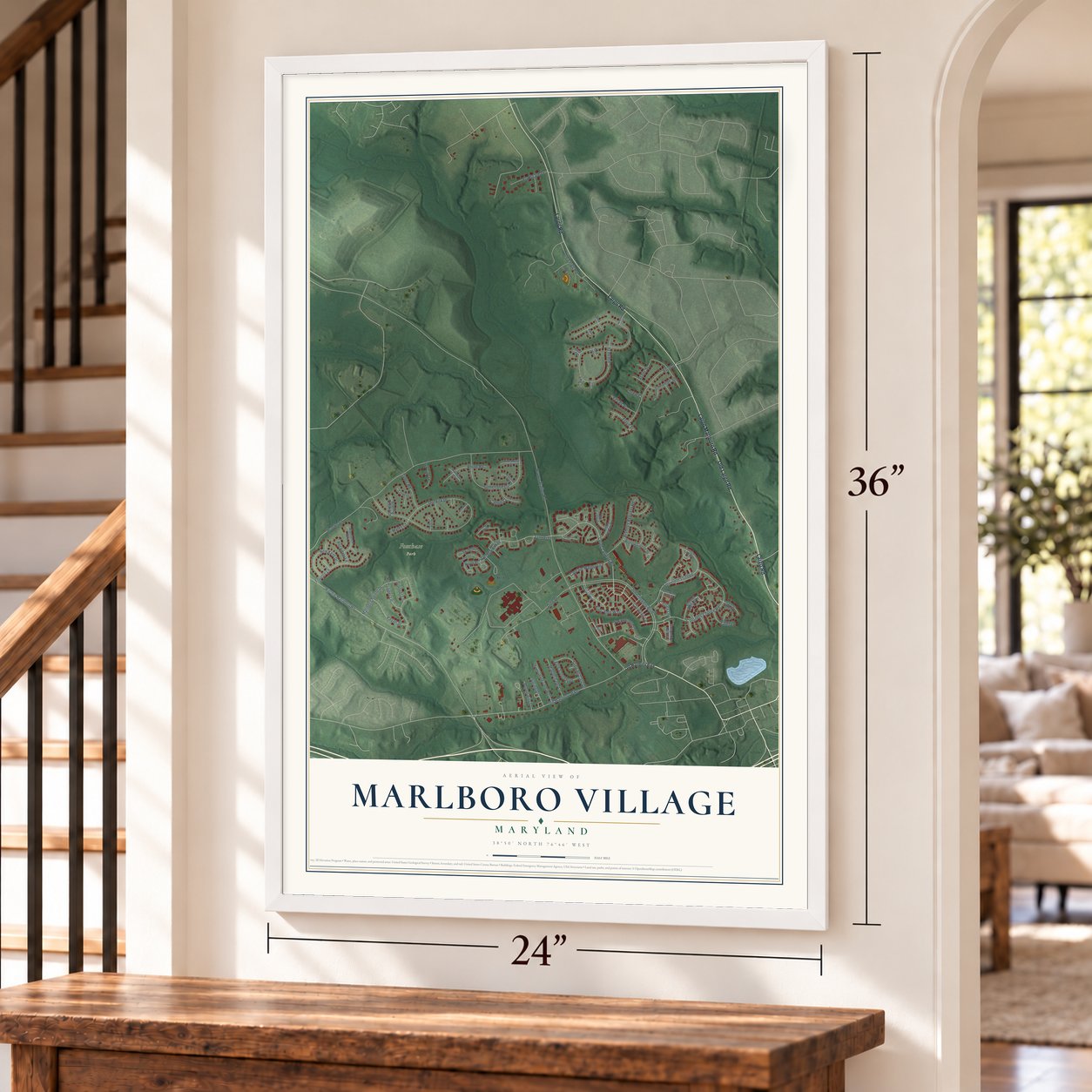 Marlboro Village, Maryland map, 24 x 36 inch print in a white frame by a staircase