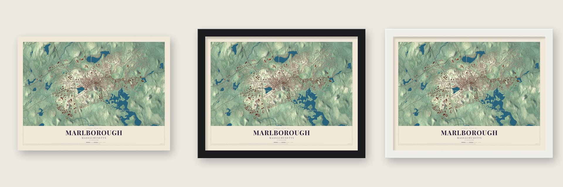 Marlborough, Massachusetts map unframed, in a black wood frame and in a white wood frame