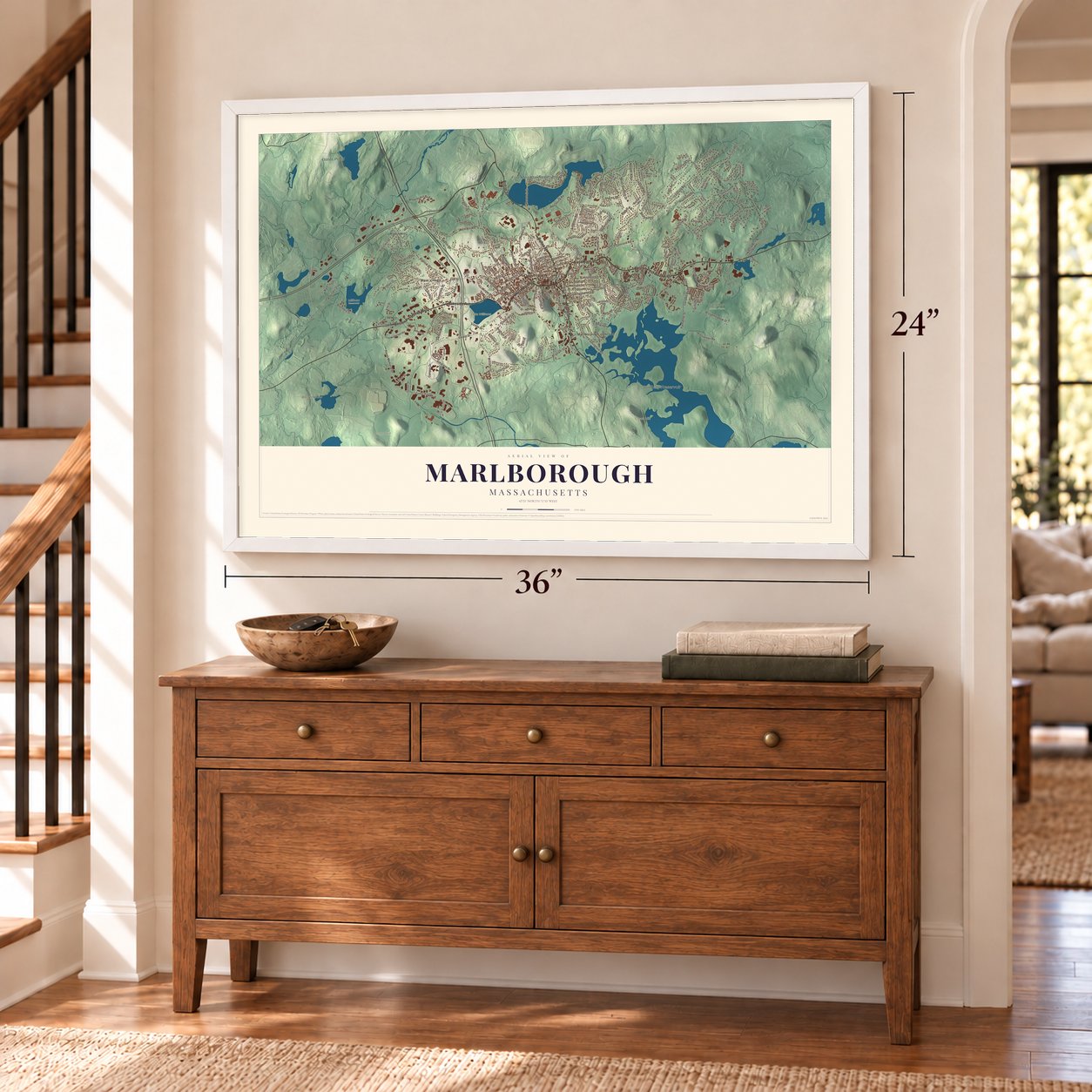 Marlborough, Massachusetts map, 24 x 36 inch print in a white frame above a dresser by a staircase