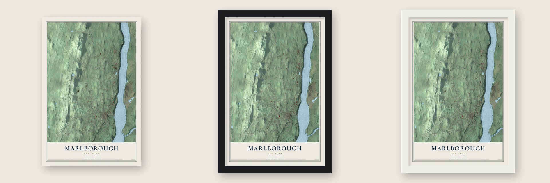 Marlborough, New York map unframed, in a black wood frame and in a white wood frame