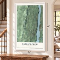 Marlborough, New York map, 24 x 36 inch print in a white frame by a staircase