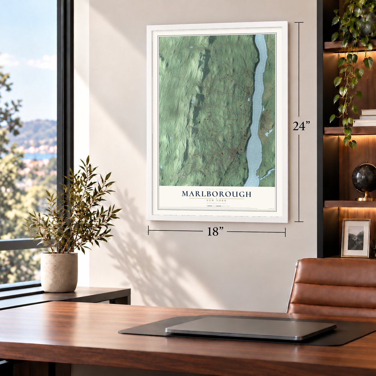 Marlborough, New York map, 18 x 24 inch print in a white frame in a home office
