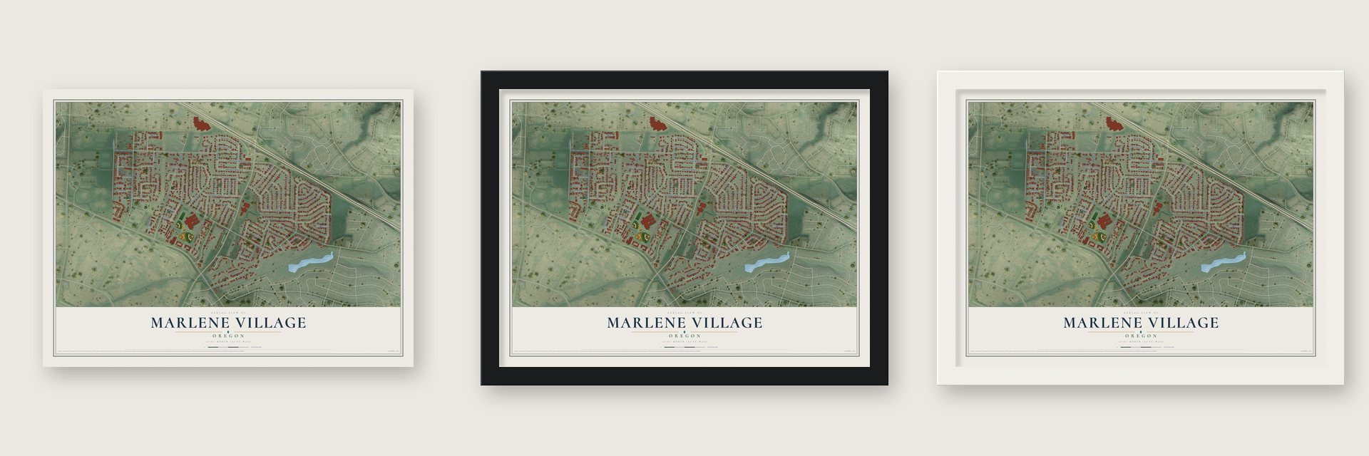 Marlene Village, Oregon map unframed, in a black wood frame and in a white wood frame