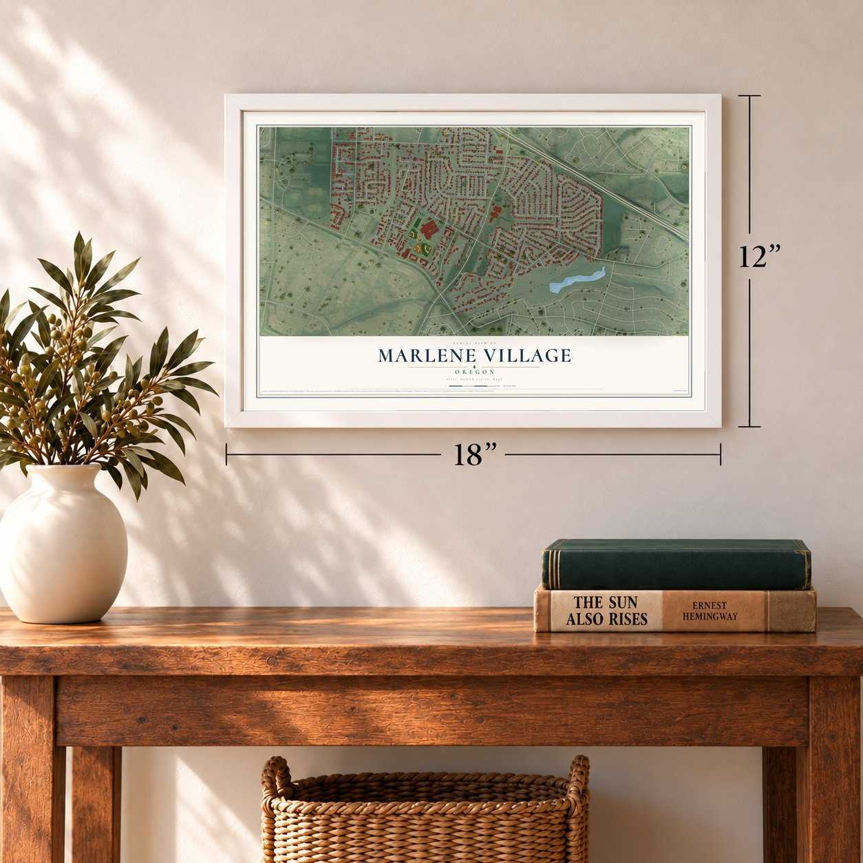Marlene Village, Oregon map, 12 x 18 inch print in a white frame in an entryway