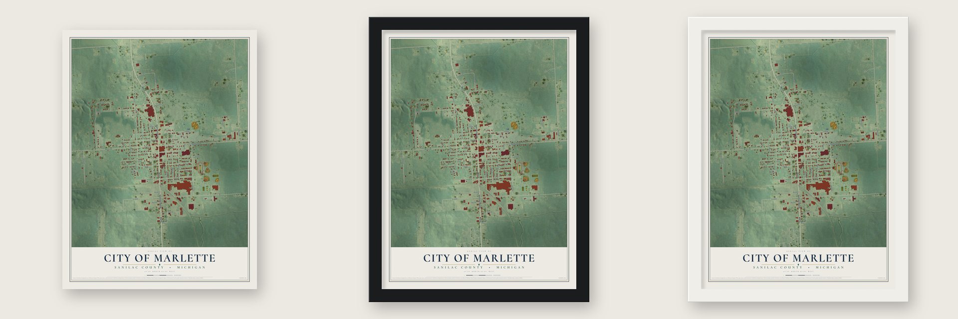 Marlette, Michigan map unframed, in a black wood frame and in a white wood frame