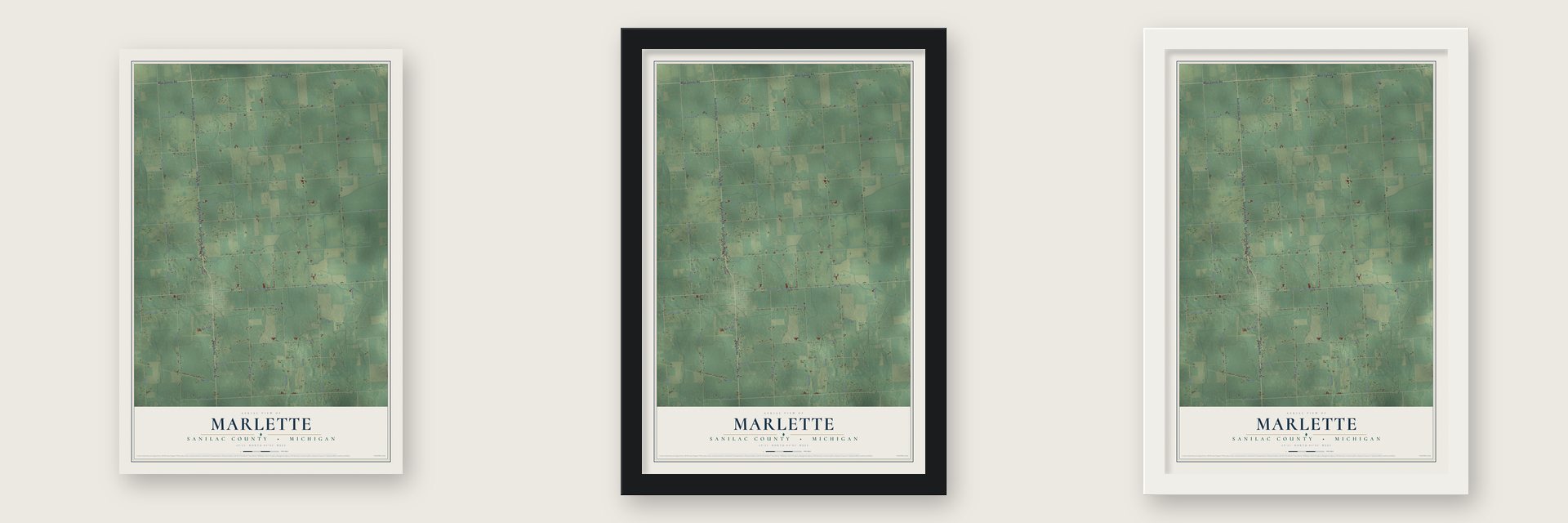 Marlette, Sanilac County, Michigan map unframed, in a black wood frame and in a white wood frame