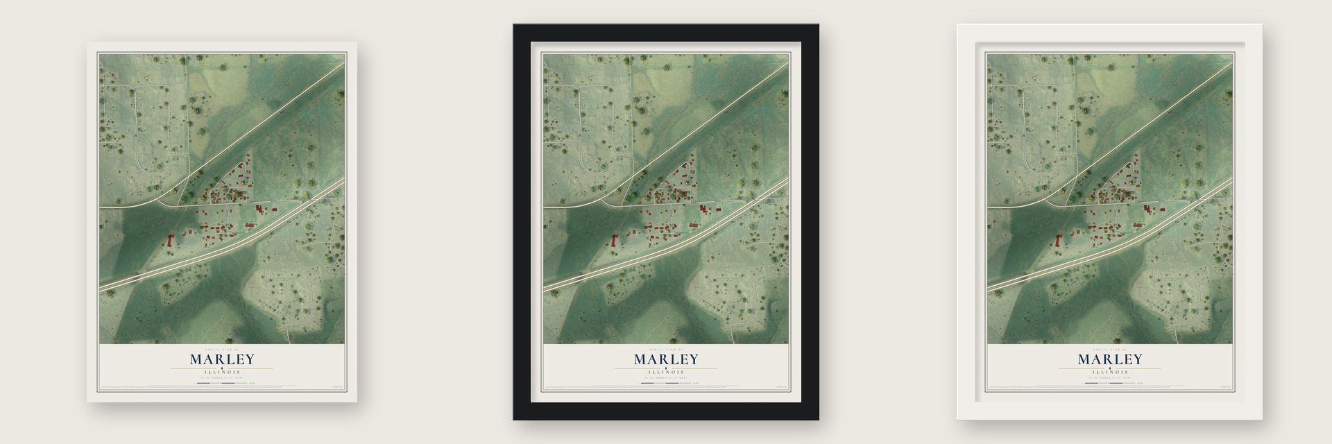 Marley, Illinois map unframed, in a black wood frame and in a white wood frame