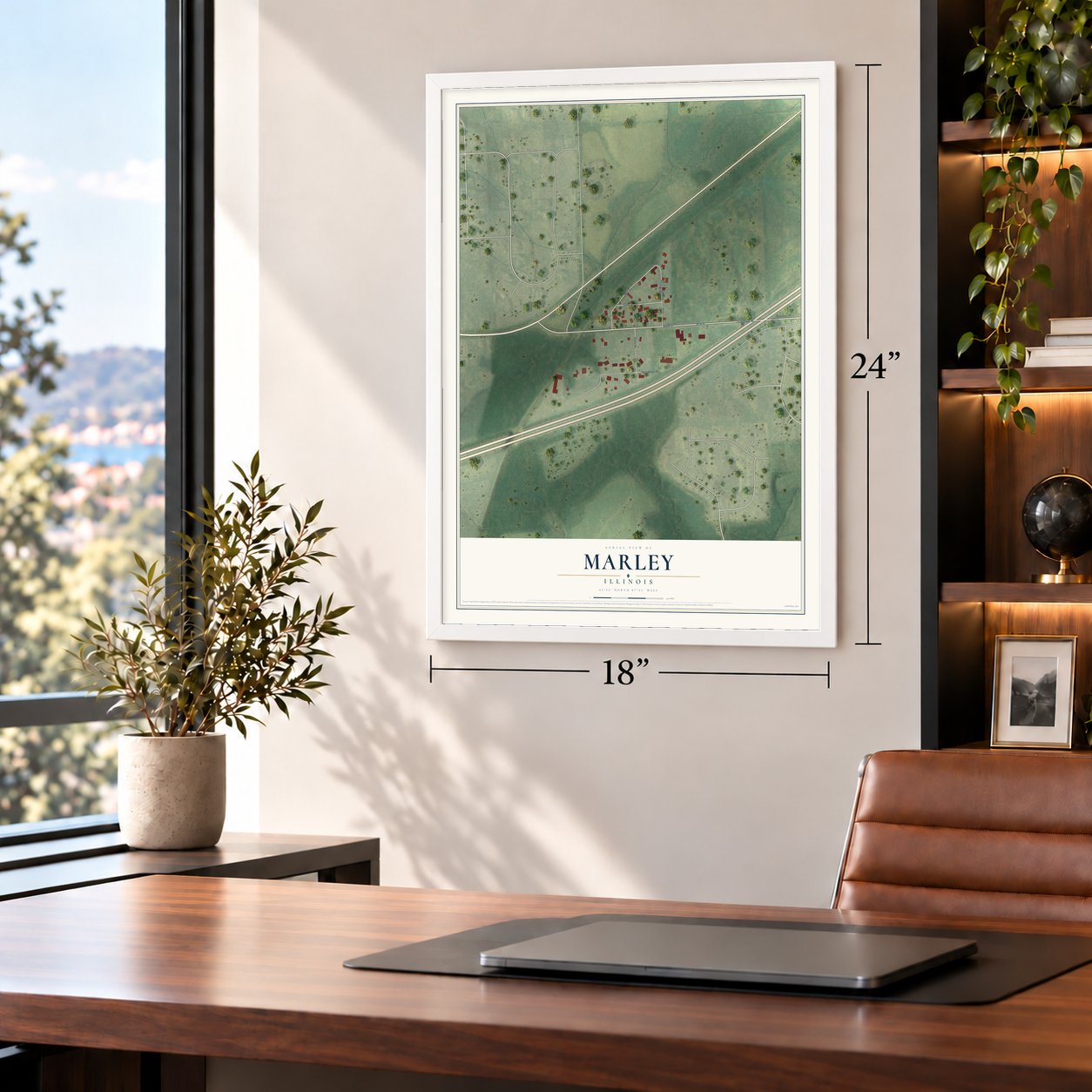 Marley, Illinois map, 18 x 24 inch print in a white frame in a home office