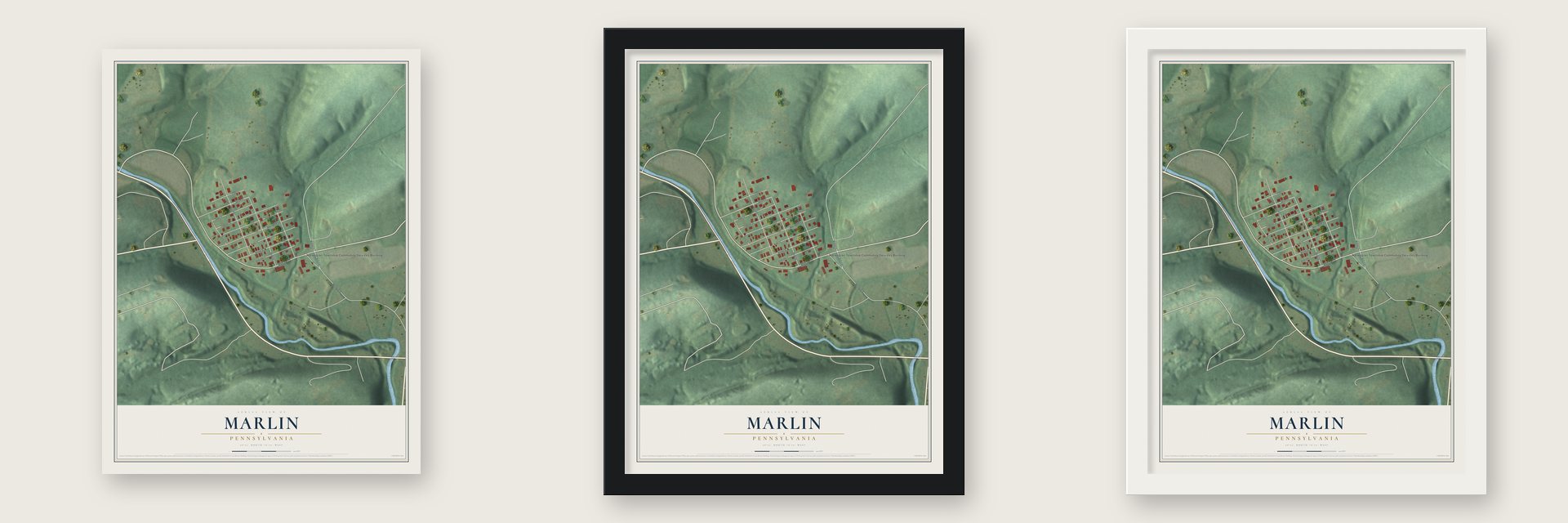 Marlin, Pennsylvania map unframed, in a black wood frame and in a white wood frame