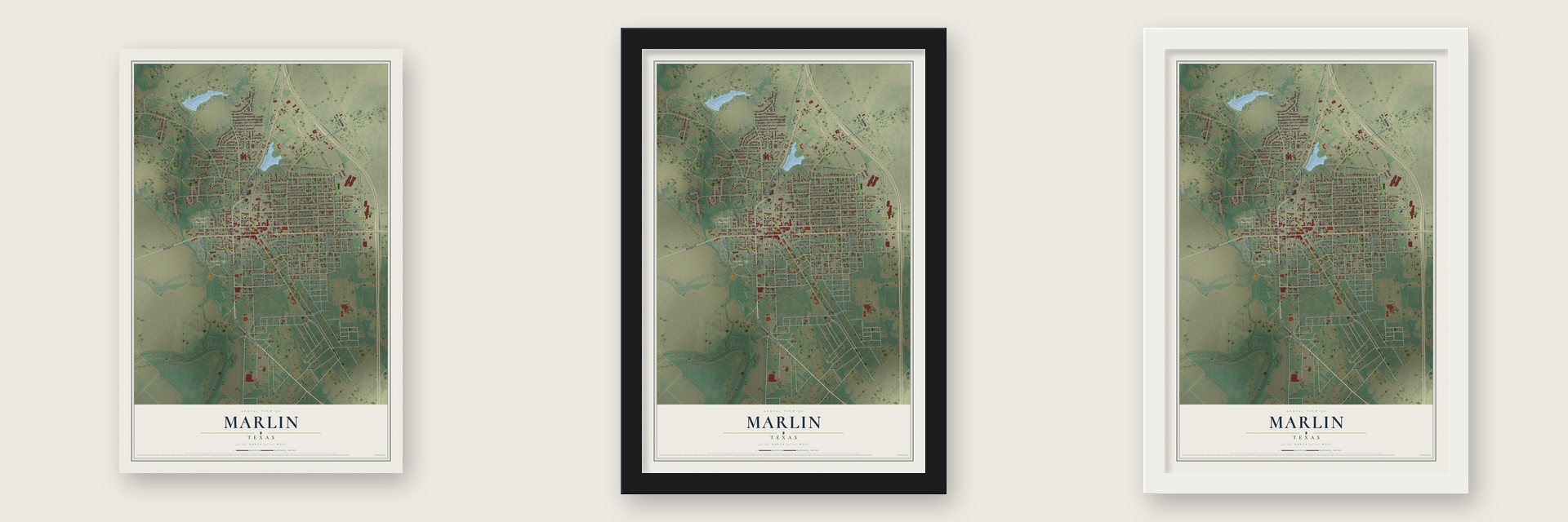 Marlin, Texas map unframed, in a black wood frame and in a white wood frame