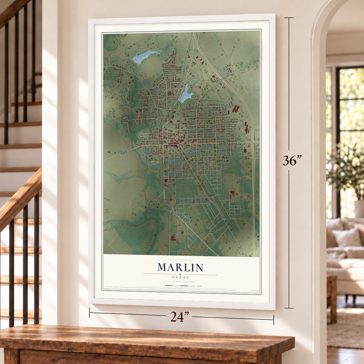 Marlin, Texas map, 24 x 36 inch print in a white frame by a staircase