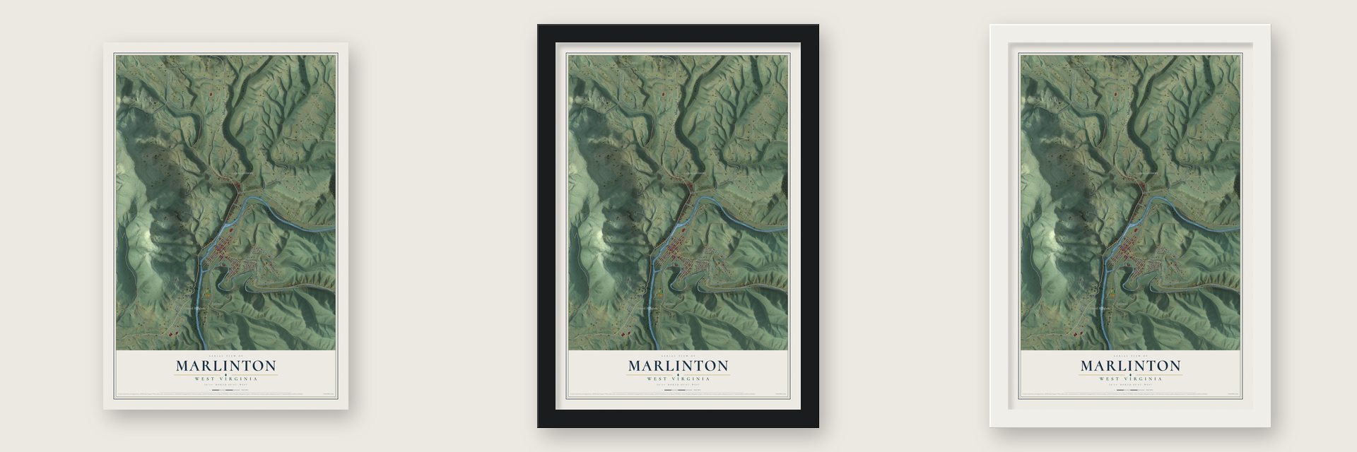Marlinton, West Virginia map unframed, in a black wood frame and in a white wood frame