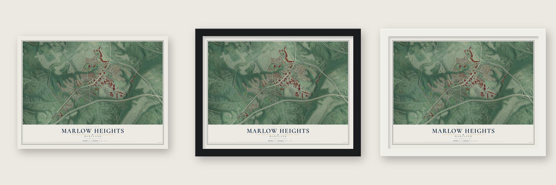 Marlow Heights, Maryland map unframed, in a black wood frame and in a white wood frame