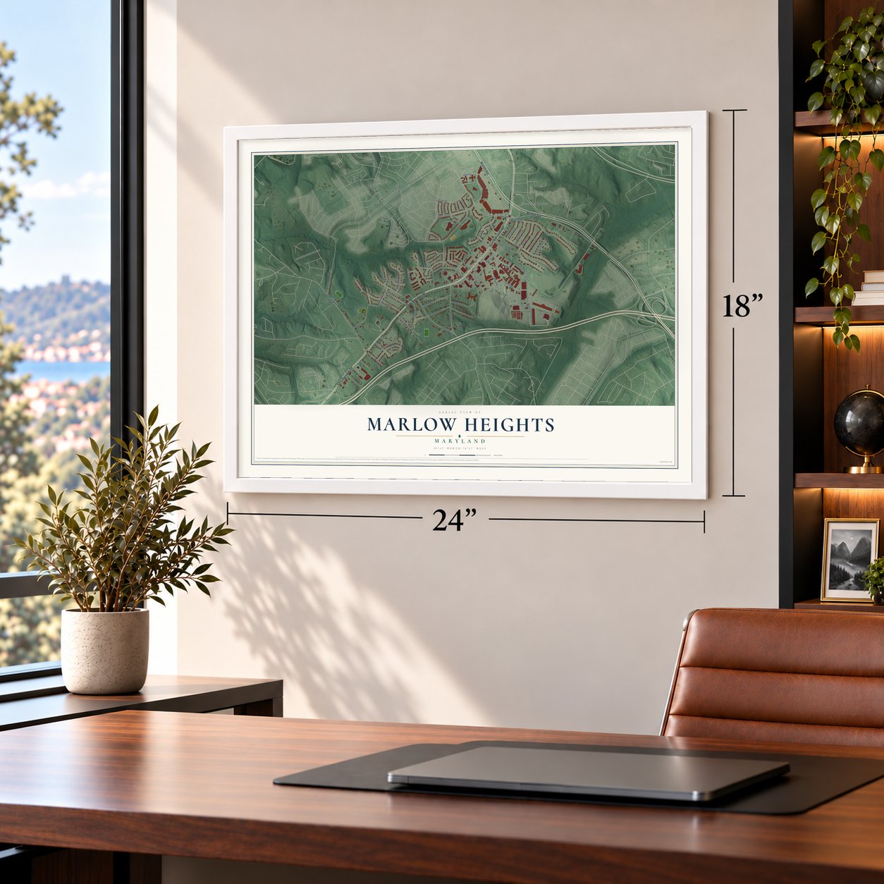 Marlow Heights, Maryland map, 18 x 24 inch print in a white frame in a home office
