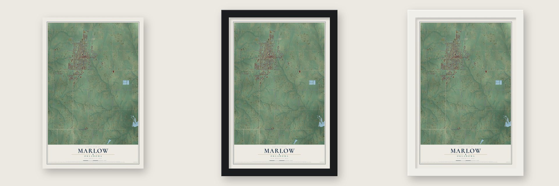 Marlow, Oklahoma map unframed, in a black wood frame and in a white wood frame