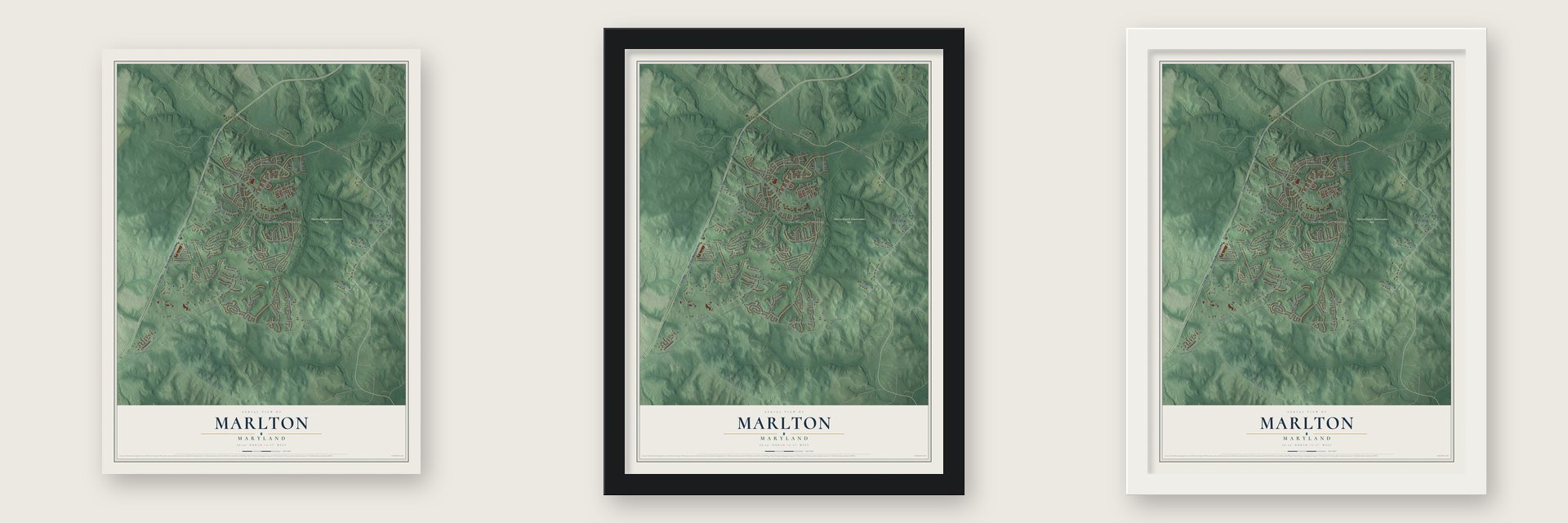Marlton, Maryland map unframed, in a black wood frame and in a white wood frame