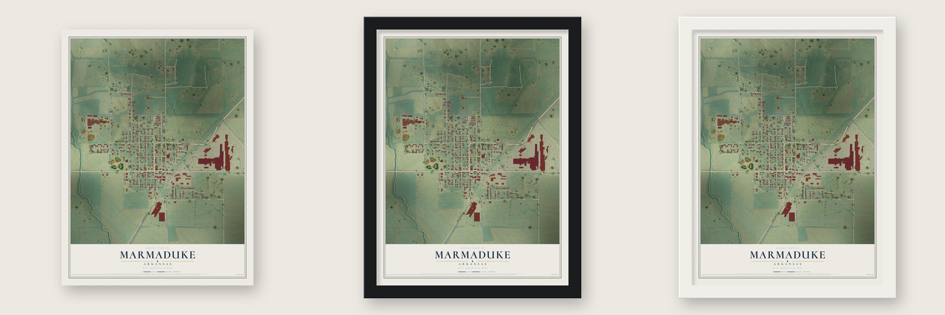 Marmaduke, Arkansas map unframed, in a black wood frame and in a white wood frame