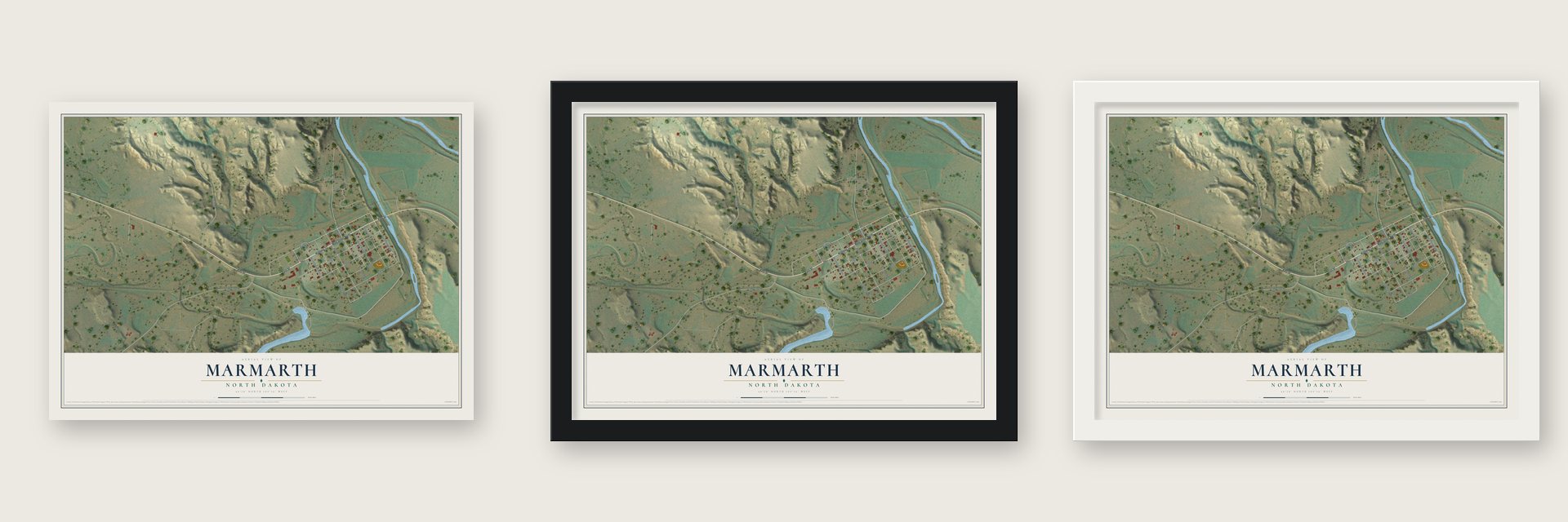 Marmarth, North Dakota map unframed, in a black wood frame and in a white wood frame