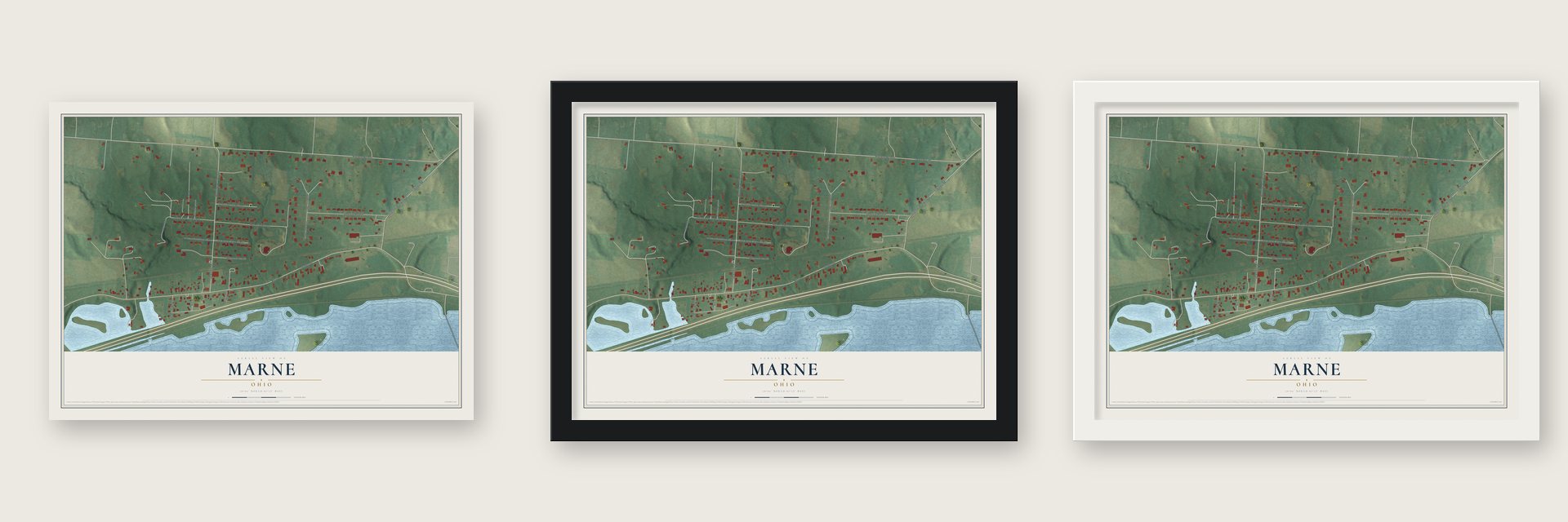 Marne, Ohio map unframed, in a black wood frame and in a white wood frame