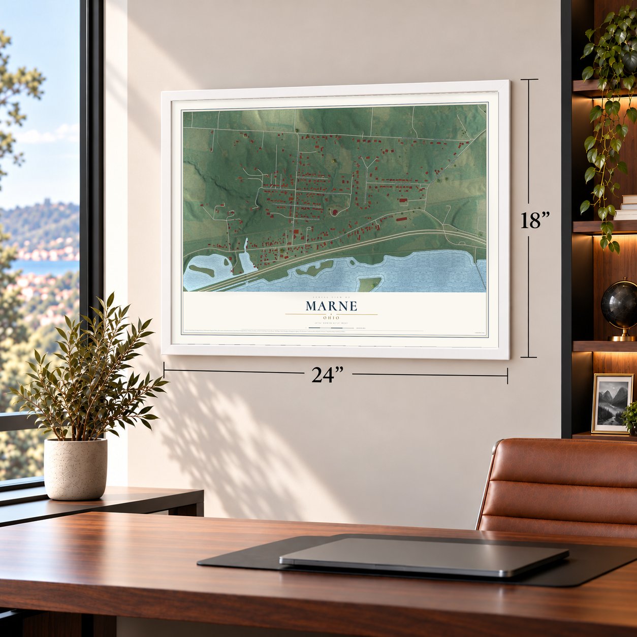 Marne, Ohio map, 18 x 24 inch print in a white frame in a home office