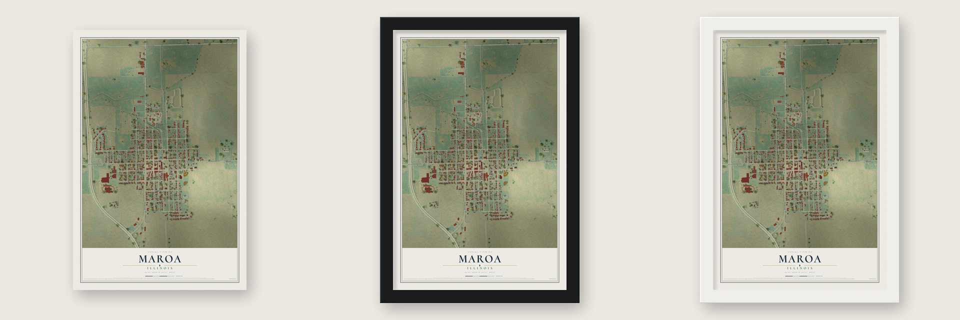 Maroa, Illinois map unframed, in a black wood frame and in a white wood frame