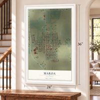 Maroa, Illinois map, 24 x 36 inch print in a white frame by a staircase