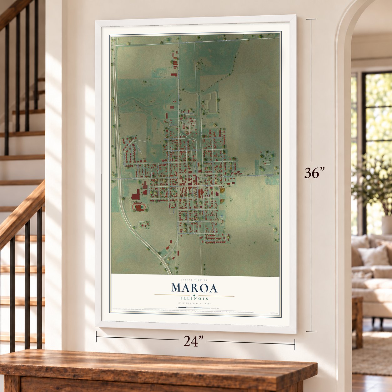Maroa, Illinois map, 24 x 36 inch print in a white frame by a staircase