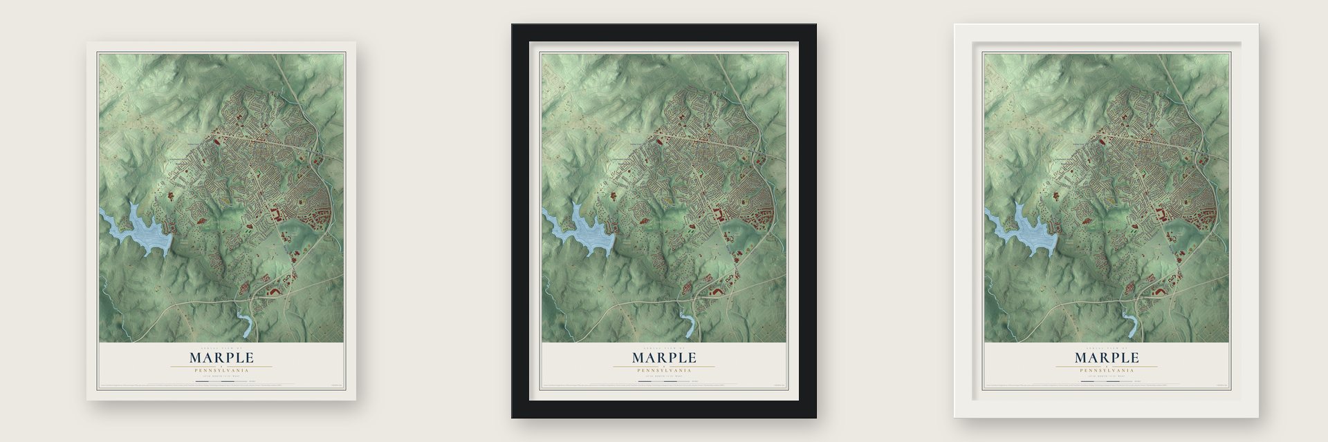 Marple, Pennsylvania map unframed, in a black wood frame and in a white wood frame