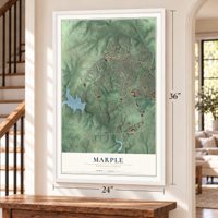 Marple, Pennsylvania map, 24 x 36 inch print in a white frame by a staircase
