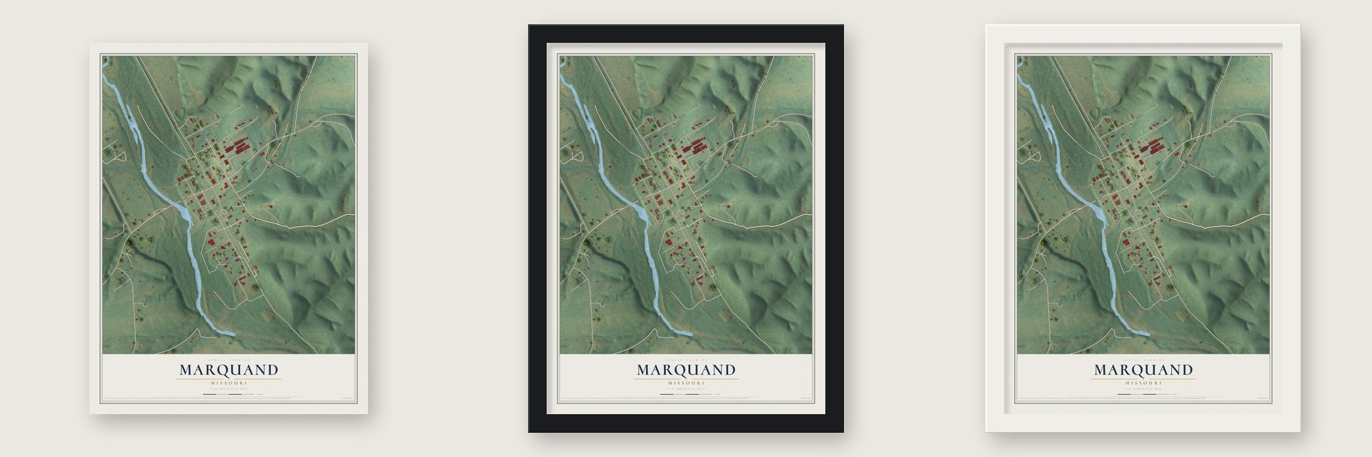 Marquand, Missouri map unframed, in a black wood frame and in a white wood frame